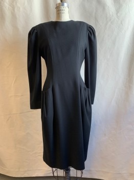 NIPON BOUTIQUE, Black, Wool, Solid, Pleated Inset Long Sleeves, Zip Back, 2 Rounded and Pleated Hip Pockets, Hem Below Knee, Shoulder Pads