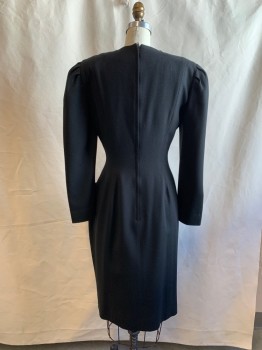 NIPON BOUTIQUE, Black, Wool, Solid, Pleated Inset Long Sleeves, Zip Back, 2 Rounded and Pleated Hip Pockets, Hem Below Knee, Shoulder Pads