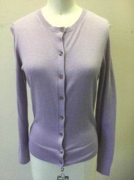 ANN TAYLOR, Lavender Purple, Cotton, Modal, Solid, Lightweight Knit, Long Sleeves, 8  Buttons, Round Neck