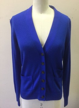 J.CREW, Royal Blue, Cotton, Acrylic, Solid, Knit, 6 Buttons, V-neck, 3 Patch Pockets, 1" Wide Grosgrain Trim