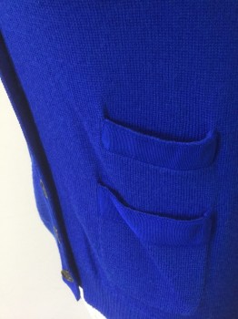 J.CREW, Royal Blue, Cotton, Acrylic, Solid, Knit, 6 Buttons, V-neck, 3 Patch Pockets, 1" Wide Grosgrain Trim