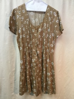 Womens, Romper, ICI, Lt Brown, White, Olive Green, Aqua Blue, Rayon, Floral, S, Scoop Neck, Short Sleeves, Button Placket ( Barcode Behind Placket.) Self Tie at Back Waist