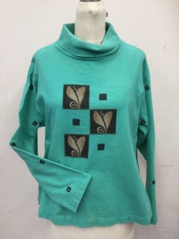 Womens, T-Shirt, AD LIB, Green, Cotton, B: 36, "O/S", Green with Black Squares with Brown Hearts Inside, Square Pattern on Sleeves, Long Sleeves, Ribbed Knit Turtleneck