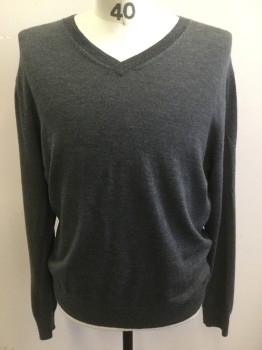 Mens, Pullover Sweater, SAKS FIFTH AVE, Heather Gray, Wool, Solid, L, V-neck,