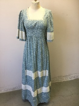 N/L, Slate Blue, Ecru, Rayon, Cotton, Floral, Slate Blue with Ecru Floral Calico Pattern, Ecru Cotton Eyelet Trim with Scallopped Edge at 3/4 Sleeves and Hem, Square Neck with Eyelet Trim, Empire Waist, Self Ties at Waist, Floor Length Gunne Sax-Style Prairie Dress,