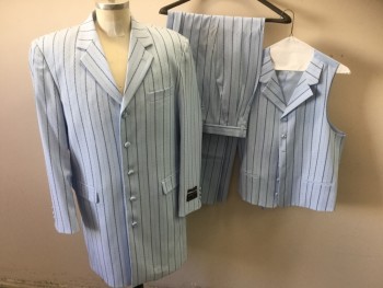Mens, 1990s Vintage, Suit, Vest, ALBERTO CELINI, Baby Blue, Navy Blue, Synthetic, Stripes, Stripes - Pin, 40R, 6 Buttons,  Zoot Suit Like