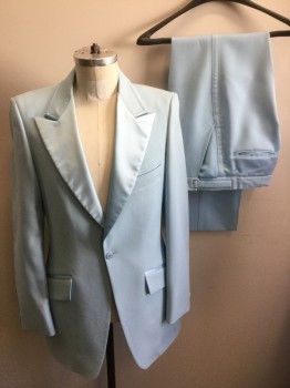 Mens, 1970s Vintage, Formal Jacket, AFTER SIX, Baby Blue, Polyester, Solid, 39XL, Single Breasted, 1 Button, Satin Peaked Lapel, Gabardine,