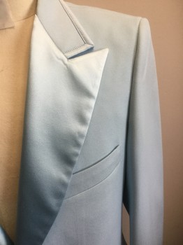 Mens, 1970s Vintage, Formal Jacket, AFTER SIX, Baby Blue, Polyester, Solid, 39XL, Single Breasted, 1 Button, Satin Peaked Lapel, Gabardine,