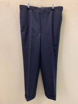 Mens, 1960s Vintage, Suit, Pants, GILBERTO, Navy Blue, Red Burgundy, Dk Gray, Wool, Herringbone, Stripes - Pin, 40/30, Side Pockets, Zip Front, Flat Front