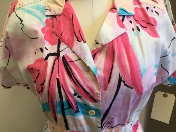 N/L, White, Pink, Peach Orange, Black, Blue, Cotton, Abstract , Floral, Short Sleeves, Button Front, Collar Attached, 2 Pockets, Small Hole on Shoulder