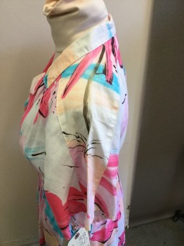 N/L, White, Pink, Peach Orange, Black, Blue, Cotton, Abstract , Floral, Short Sleeves, Button Front, Collar Attached, 2 Pockets, Small Hole on Shoulder