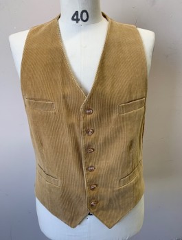 Mens, 1970s Vintage, Suit, Vest, N/L, Caramel Brown, Cotton, Solid, 40, Corduroy, 6 Buttons, 4 Welt Pockets, Beige Lining and Back, Belted Back,