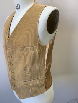 Mens, 1970s Vintage, Suit, Vest, N/L, Caramel Brown, Cotton, Solid, 40, Corduroy, 6 Buttons, 4 Welt Pockets, Beige Lining and Back, Belted Back,