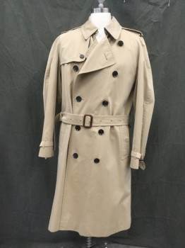 Mens, Coat, Trenchcoat, BURBERRY, Tan Brown, Cotton, Solid, 40R, Double Breasted, Collar Attached, Raglan Long Sleeves, Epaulets, 2 Pockets, Vented Back Yoke, Shoulder Flap Panel, Belted Cuffs, Self Belt, Gussetted Center Back