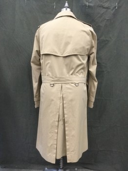 Mens, Coat, Trenchcoat, BURBERRY, Tan Brown, Cotton, Solid, 40R, Double Breasted, Collar Attached, Raglan Long Sleeves, Epaulets, 2 Pockets, Vented Back Yoke, Shoulder Flap Panel, Belted Cuffs, Self Belt, Gussetted Center Back
