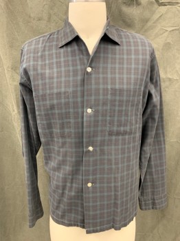 TOWNCRAFT, Faded Black, Teal Green, Cotton, Plaid, Plaid-  Windowpane, Button Front, Collar Attached, 2 Patch Pockets, Long Sleeves, Button Cuff, Well Worn, *Hole at Left Sleeve Placket*