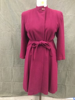 Womens, Coat, N/L, Magenta Purple, Wool, Solid, L, Single Breasted, 1 Button at Stand Collar, Elastic Gathered at Side Waist, Attached Self Front Belt, Belt Loop for Interior Tie