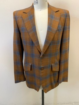 ALAN JOHN, Caramel Brown, Turquoise Blue, Wool, Silk, Plaid, 2 Buttons,  Notched Lapel, 3 Pockets, Great Condition