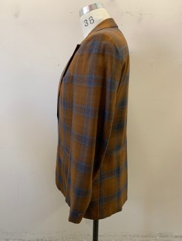 ALAN JOHN, Caramel Brown, Turquoise Blue, Wool, Silk, Plaid, 2 Buttons,  Notched Lapel, 3 Pockets, Great Condition