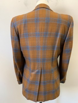 Mens, Blazer/Sport Co, ALAN JOHN, Caramel Brown, Turquoise Blue, Wool, Silk, Plaid, 38R, 2 Buttons,  Notched Lapel, 3 Pockets, Great Condition
