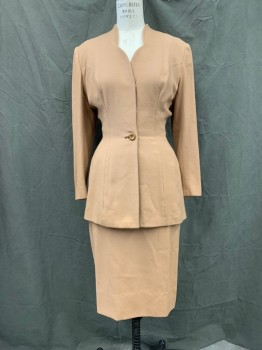Womens, 1950s Vintage, Suit, Jacket, N/L, Camel Brown, Wool, Silk, Solid, W 26, B 38, H 38, 1 Button Front, Scallopped Neck, Long Sleeves, High Thigh Length,