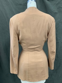 Womens, 1950s Vintage, Suit, Jacket, N/L, Camel Brown, Wool, Silk, Solid, W 26, B 38, H 38, 1 Button Front, Scallopped Neck, Long Sleeves, High Thigh Length,