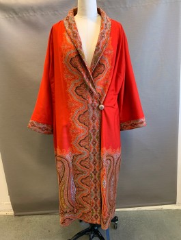 Womens, Coat, N/L, Red, Orange, Black, Blue, Wool, Solid, Paisley/Swirls, L, Red with Multicolor Ornate Pattern at Bottom (Below Knee Level), Cuffs and Shawl Collar, 1 Unusual Resin Button at Side Waist, Red Silk Lining, Oversized Fit, Ankle Length, 
*Slight Stain on Left Shoulder*