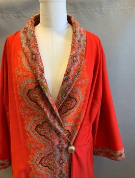 Womens, Coat, N/L, Red, Orange, Black, Blue, Wool, Solid, Paisley/Swirls, L, Red with Multicolor Ornate Pattern at Bottom (Below Knee Level), Cuffs and Shawl Collar, 1 Unusual Resin Button at Side Waist, Red Silk Lining, Oversized Fit, Ankle Length, 
*Slight Stain on Left Shoulder*