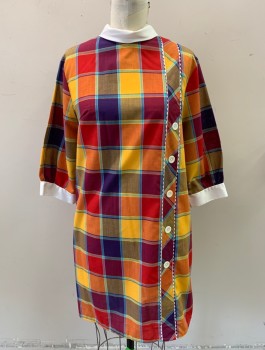 GROWING GIRL, Multi-color, Purple, Orange, Red, White, Poly/Cotton, Plaid, 3/4 Sleeve Shift Dress, White Mock Neck Collar and Cuffs, Decorative Vertical Panel at Side Front with White Rick Rack Trim & White Buttons, Youthful Teen Girl, Hem Above Knee,