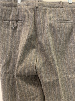Mens, 1920s Vintage, Suit, Pants, SIAM COSTUMES, Dusty Brown, Black, Tan Brown, Wool, Herringbone, Stripes - Vertical , I:28+, W42, Flat Front, 5 Button Fly, Side Pockets, Button Tab