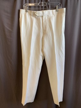 SAKS FIFTH AVENUE, White, Linen, Silk, Solid, Zip Front, Extended Waistband with Button, 4 Pockets, Flat Front, Creased