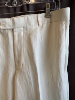 SAKS FIFTH AVENUE, White, Linen, Silk, Solid, Zip Front, Extended Waistband with Button, 4 Pockets, Flat Front, Creased