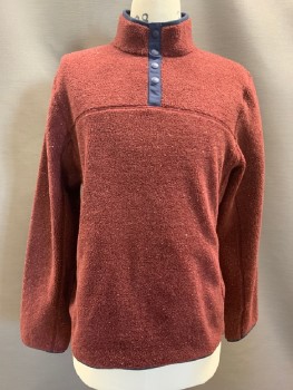 Mens, Pullover Sweater, J. CREW, Brick Red, Navy Blue, Off White, Polyester, Acrylic, 2 Color Weave, M, L/S, High Neck, Fleece Textured, Center Pocket, Navy Trim