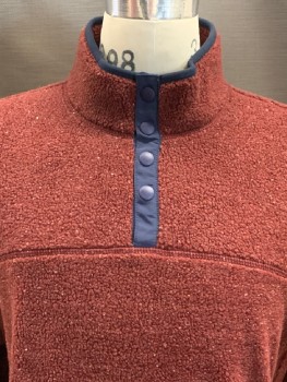 Mens, Pullover Sweater, J. CREW, Brick Red, Navy Blue, Off White, Polyester, Acrylic, 2 Color Weave, M, L/S, High Neck, Fleece Textured, Center Pocket, Navy Trim
