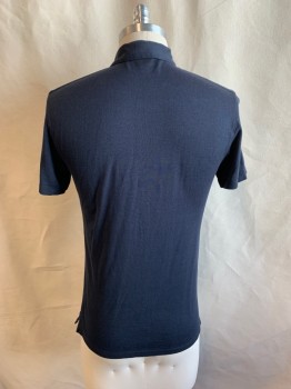 JOHN VARVATOS, Navy Blue, Silk, Cotton, Solid, Collar Attached, 4 Buttons, Half Placket, Short Sleeves