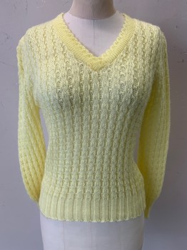 Blue Bird, Yellow, Acrylic, Solid, L/S,v Neck Pullover, Knit