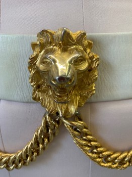 Womens, Belt, JUDITH LEIBER, White, Gold, Leather, Metallic/Metal, Solid, 30, White Leather with Gold Lions & Chain Link