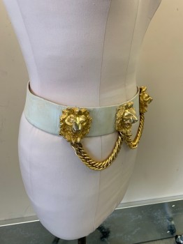 Womens, Belt, JUDITH LEIBER, White, Gold, Leather, Metallic/Metal, Solid, 30, White Leather with Gold Lions & Chain Link