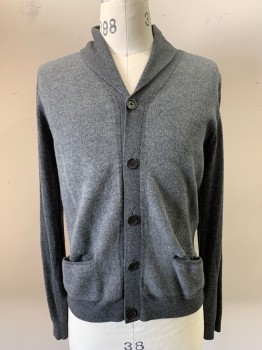Mens, Cardigan Sweater, NICOLE FARNI, Charcoal Gray, Wool, Solid, S, L/S, V Neck, Button Front, Top Pockets, Collar Attached