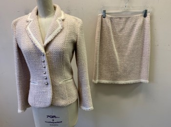 ELIE TAHARI, Cream, Taupe, Lilac Purple, Cotton, Nylon, Tweed, Single Breasted, 6 silver Button, with Fringe Edges and Cream Fashion Tape Around Collar, Pocket & Cuff.