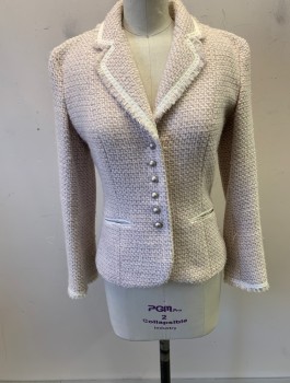 ELIE TAHARI, Cream, Taupe, Lilac Purple, Cotton, Nylon, Tweed, Single Breasted, 6 silver Button, with Fringe Edges and Cream Fashion Tape Around Collar, Pocket & Cuff.