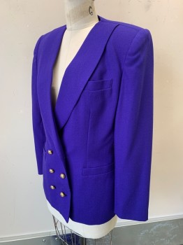 ROBINSON'S PETITES, Violet Purple, Wool, Solid, Crepe, Double Breasted, Shawl Lapel, Gold Buttons, Padded Shoulders, 3 Pockets