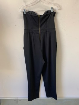 Womens, Jumpsuit, EXPRESS, Black, Polyester, Solid, 10, Sweetheart Neck, Strapless, 2 Pockets, Pleated, Zip Back,