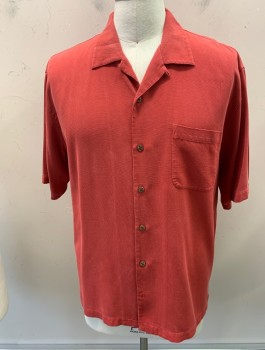 Mens, Casual Shirt, TOMMY BAHAMA, Faded Red, Silk, Solid, L, S/S, Button Front, C.A., 1 Pocket, Heavy Washed Tiny Waffle Pattern