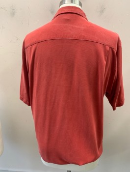 Mens, Casual Shirt, TOMMY BAHAMA, Faded Red, Silk, Solid, L, S/S, Button Front, C.A., 1 Pocket, Heavy Washed Tiny Waffle Pattern