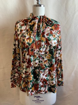Womens, Blouse, SEARS, Sienna Brown, Emerald Green, Plum Purple, Tan Brown, Beige, Polyester, Floral, B38, Band Collar, Button Front, Long Sleeves, Ties at Neck, 2 Button Cuffs