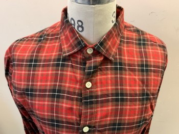 Mens, Casual Shirt, COUNTRY ROAD, Red, Black, White, Brown, Cotton, Polyester, Plaid, M, Long Sleeves, Button Front, Collar Attached,