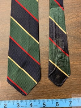 SAKS FIFTH AVE, Navy Blue, Green, Red, Lt Yellow, Silk, Stripes, 4 in Hand, Thin, No Lining