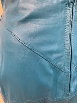 Womens, Skirt, CHIA, Turquoise Blue, Leather, Solid, W 25, Pencil, Waist Band, 2 Zipper Pckts with Stud Details, Seams For Tight Fit, Back Zip, BackLace Vent, Hem At Knee