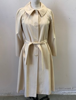 Womens, Coat, BARNEY'S NY, Lt Beige, Silk, Solid, S, Faille, Single Breasted, 4 Buttons, Raglan Sleeves, Collar Attached, Small Pin Tucks Radiating From Collar, Satin Lining, Below Knee Length, **With Matching BELT, Retro 50's/60's Inspired
